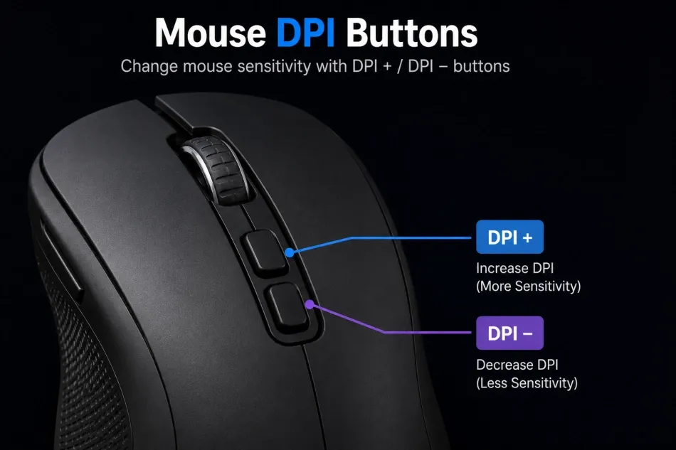 DPI buttons on the underside of a mouse, used to switch sensitivity presets