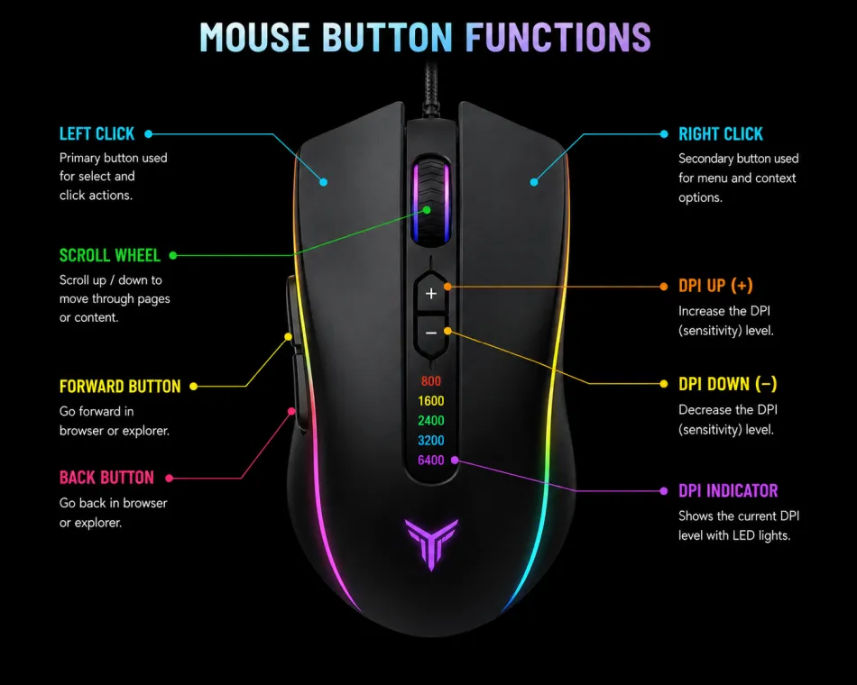 Diagram of a gaming mouse's buttons and their functions