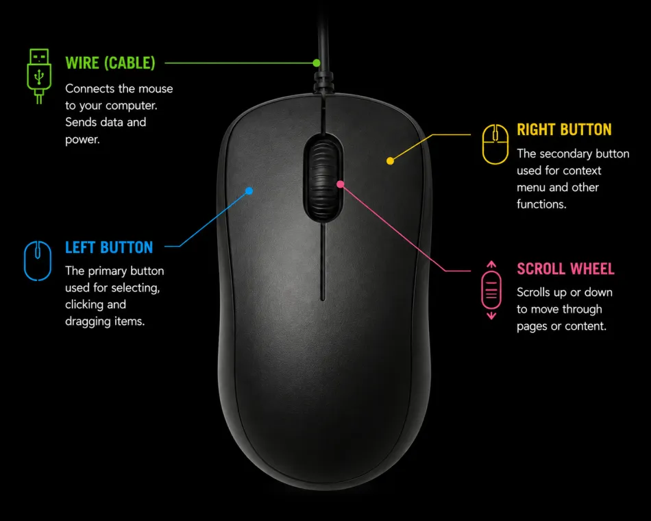 Labeled diagram of a gaming mouse's parts, including the sensor, buttons and scroll wheel